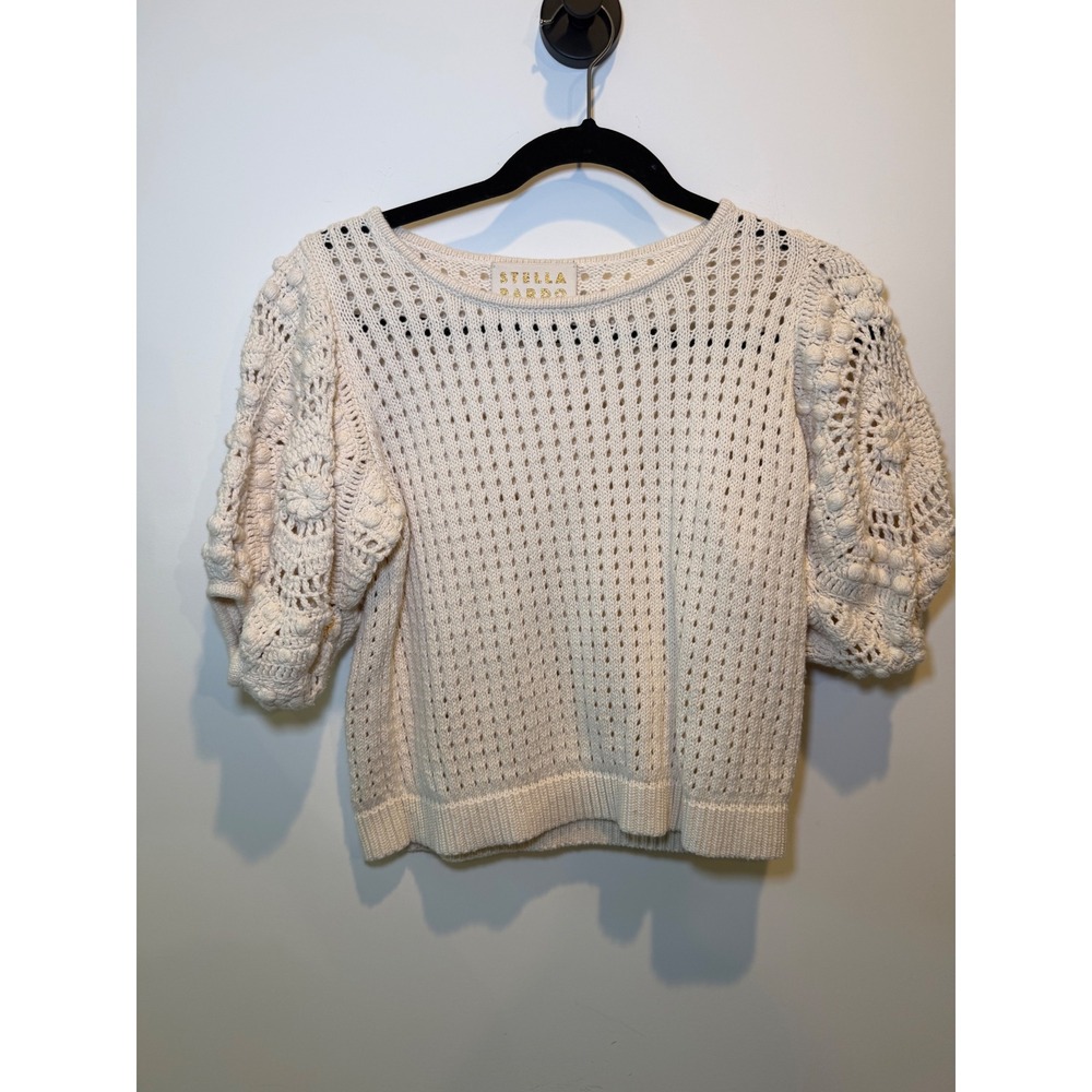 Stella Pardo Paris Crochet Puff Sleeve Knit Top Cream Cotton XS Handmade Boho